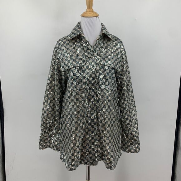 Steve Madden Jacket Womens XS Extra Large Andee Checkered Sequined Shacket - Picture 2 of 16